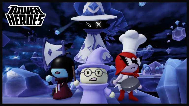Héroes de Tower Heroes defendiendo un camino en un mapa nevado